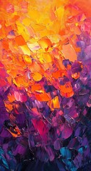 Vibrant abstract painting with bold strokes of color.  A dynamic interplay of warm and cool hues creates a visually striking composition.  Textural brushstrokes add depth and interest to the piece
