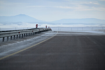 sky, sea, winter, storm on the road, winter road, icy highway, snowy road, landscape, road, winter, nature, sunrise, sun, snow, travel, clouds, horizon, ocean, twilight, cloud, cold, storm, highway, f