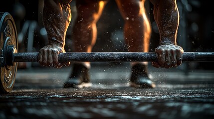 Athlete gripping a barbell with chalk before a weightlifting exercise