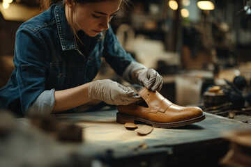 female shoemaker crafting handmade leather footwear, artisan working in a traditional workshop, precision craftsmanship in shoemaking industry, detailed close-up of cobbler at work