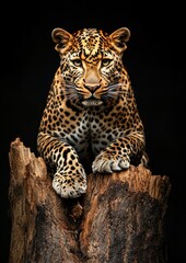 Fototapeta premium Majestic Leopard with Stunning Coat Posing on a Stump in Dark Surroundings Captivating Feline Wildlife Portrait in Serene Atmosphere