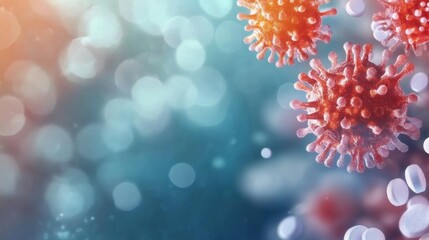 Close-up of virus particles against a blurred background showcasing details of viral structure and interaction with surrounding cells