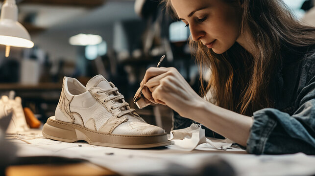 female shoemaker crafting handmade leather footwear, artisan working in a traditional workshop, precision craftsmanship in shoemaking industry, detailed close-up of cobbler at work