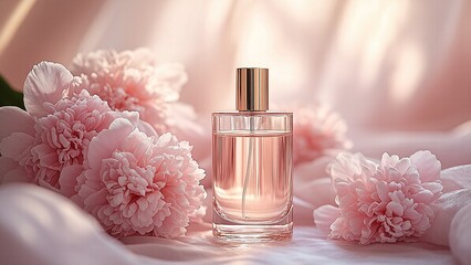 Elegant perfume bottle with gold cap amid pink peonies and soft fabric, conveying luxury and floral fragrance.