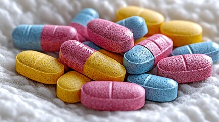 Colorful medication pills arranged on a textured white fabric background