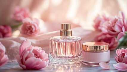 Elegant fragrance bottle and skin cream jar, accented with pink tulips and soft pastel backdrop for beauty product marketing.