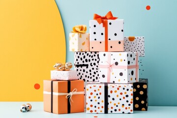 A whimsical postcard with a stack of gift boxes tied with vibrant ribbons, each box decorated with unique patterns