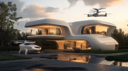 Futuristic home with aerial transport and modern design at sunset with reflective ground