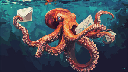 Obraz premium A digital painting or illustration depicting an orange octopus in an underwater scene. The octopus is holding several envelopes, appearing to be delivering mail. The style is whimsical and surreal,