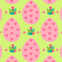 Seamless Easter pattern with pink eggs, hearts, and flowers on green background – cute spring holiday design for wrapping paper, textiles, and decorations