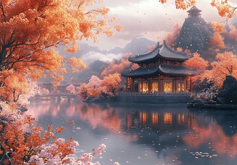 Obraz premium Traditional Pagoda by a Tranquil Lake with Autumn Foliage