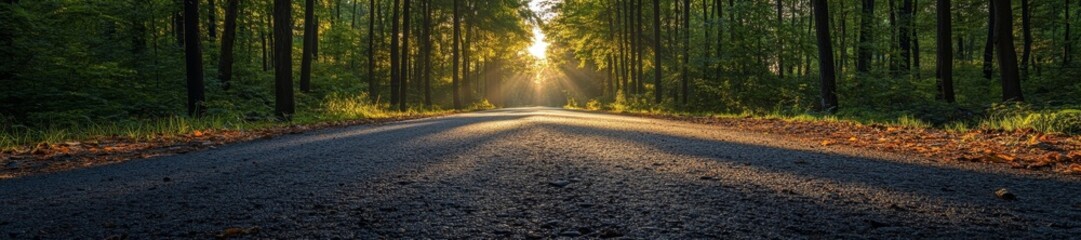 Fototapeta premium A Peaceful Road Through A Forest Illuminated By Sunlight. Generative AI