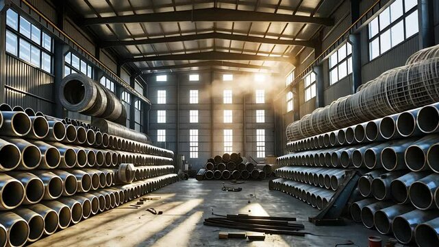 Large Industrial Warehouse Storing Stacked Concrete Pipes and Metal Tubes with Sunlight Streaming Through Windows


