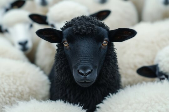 Black sheep centered among dense white sheeps. 