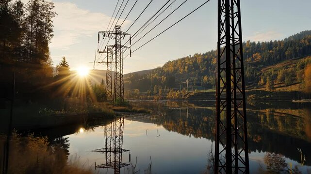 Electric powerlines vibrant and high voltage pylons lines stand silhouetted against a power sunset sky video 4k