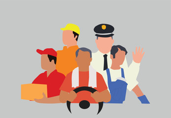 People of various professions gathered together, driver, pilot, builder, office boy, delivery person. vector illustration
