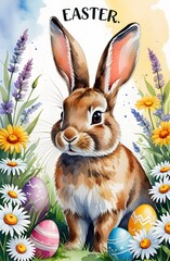 Happy Easter! Watercolor hand drawn painting of a easter wreath with colorful eggs and spring flowers. Vector illustration isolated on white background.