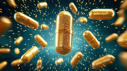 Gold Glitter Capsules Falling on Dark Teal Background