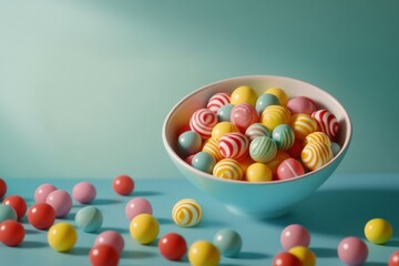 candy with bowl on blue background