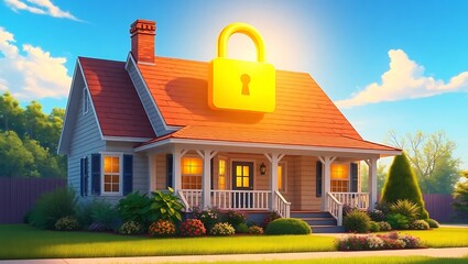 Home security, suburban house, locked roof, safety, digital illustration
