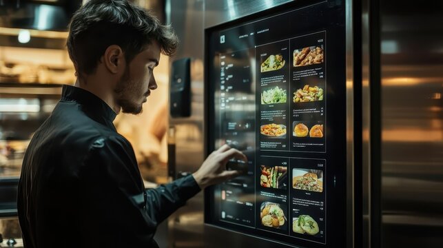 A man is choosing food options on a digital menu