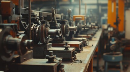 Naklejka premium A row of vintage metal lathes in an old workshop, worn-out and covered in grease