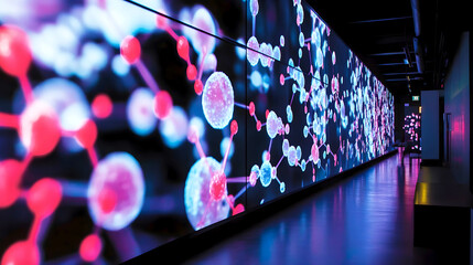 Large digital screen displaying a futuristic molecular structure in a dark exhibition hall with glowing neon lights