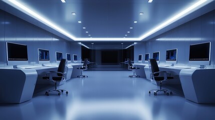 Modern high-tech computer lab featuring multiple desks and computers with futuristic led lighting for enhanced productivity