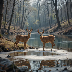 A photograph of two roe deer coming out of the forest to a thawed patch for a drink