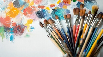 Obraz premium minimalistic flat lay of vibrant colored pencils and brushes on a clean white canvas, creative workspace theme 