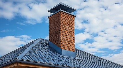 A brick chimney extending from a house roof with blue skies