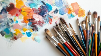Fototapeta premium minimalistic flat lay of vibrant colored pencils and brushes on a clean white canvas, creative workspace theme 