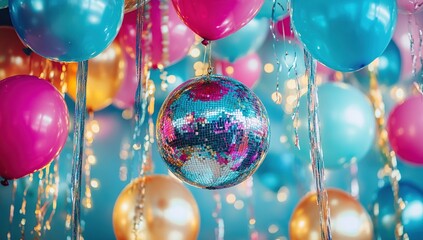 Colorful Balloons and Disco Ball Decorate Festive Celebration Joyfully.