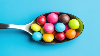 A spoonful of rainbow candy-coated chocolates on a neon blue background