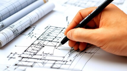 Hand Holding Pen Drawing Technical Blueprint Design for Architecture and Engineering Projects on Paper
