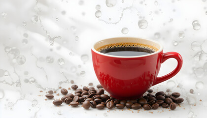 Obraz premium A cup of coffee with coffee beans on a saucer