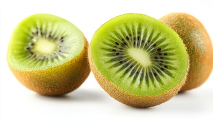 Fototapeta premium Green kiwi fruits, one cut in half revealing orange-yellow core and deep red-brown patterns, high-resolution macro shot on white background.