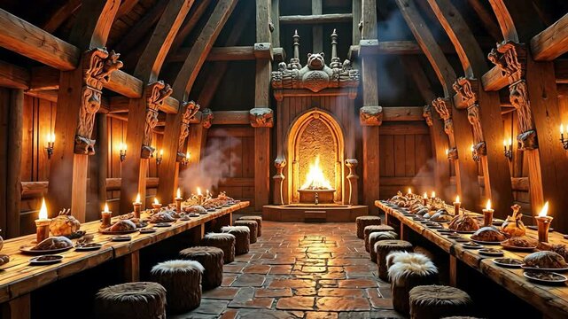 Experience the Authentic Interior of a Viking Longhouse with a Warm Atmosphere