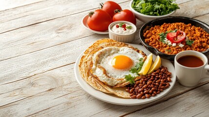 Authentic mexican breakfast plate with huevos rancheros, refried beans, fresh tomatoes, and a colorful array of ingredients