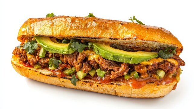 Delicious mexican torta sandwich layered generously with succulent meat and creamy avocado on artisan bread
