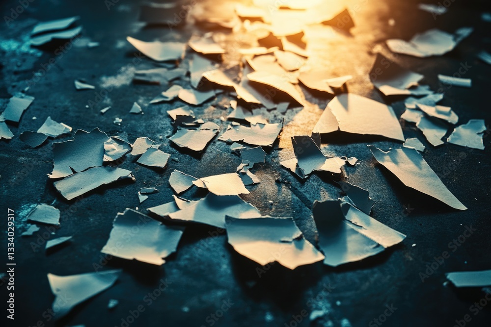 Poster a close-up view of shattered glass on a table, often used in scenes where something is being examine