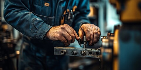 Factory worker assembling metal parts in manufacturing plant