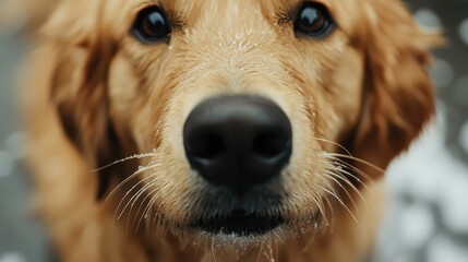A close up portrait featuring the face of a wet dog