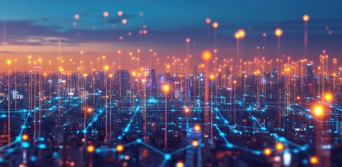 Fototapeta premium Smart City Networks: Illuminating Urban Infrastructure with Advanced Technology at Night