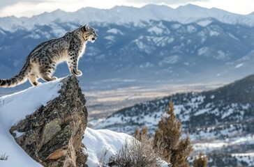 Fototapeta premium Majestic Snow Leopard on Rocky Outcrop with Snow-Capped Mountains in the Background Capturing the Essence of Wildlife in its Natural Habitat