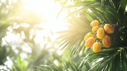 Fototapeta premium Ripe dates hang in the sunlit branches of a palm tree