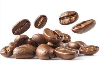 Obraz premium Coffee beans levitating over pile, white background