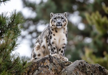Obraz premium Majestic snow leopard perched on rocky outcrop amidst lush green foliage, showcasing striking fur patterns and intense gaze in natural habitat