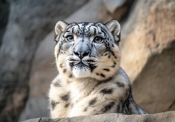 Obraz premium Majestic Snow Leopard Portrait Captured in Natural Habitat, Showcasing Gorgeous Fur and Striking Eyes, Surrounded by Rocky Landscape and Natural Light