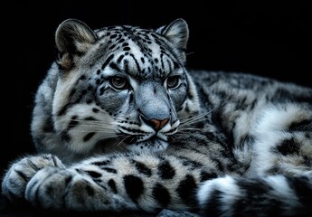 Obraz premium Majestic Snow Leopard Relaxing in a Dark Environment, Exposing Unique Fur Patterns and Intense Eyes, Showing the Beauty of Wild Fauna in Nature